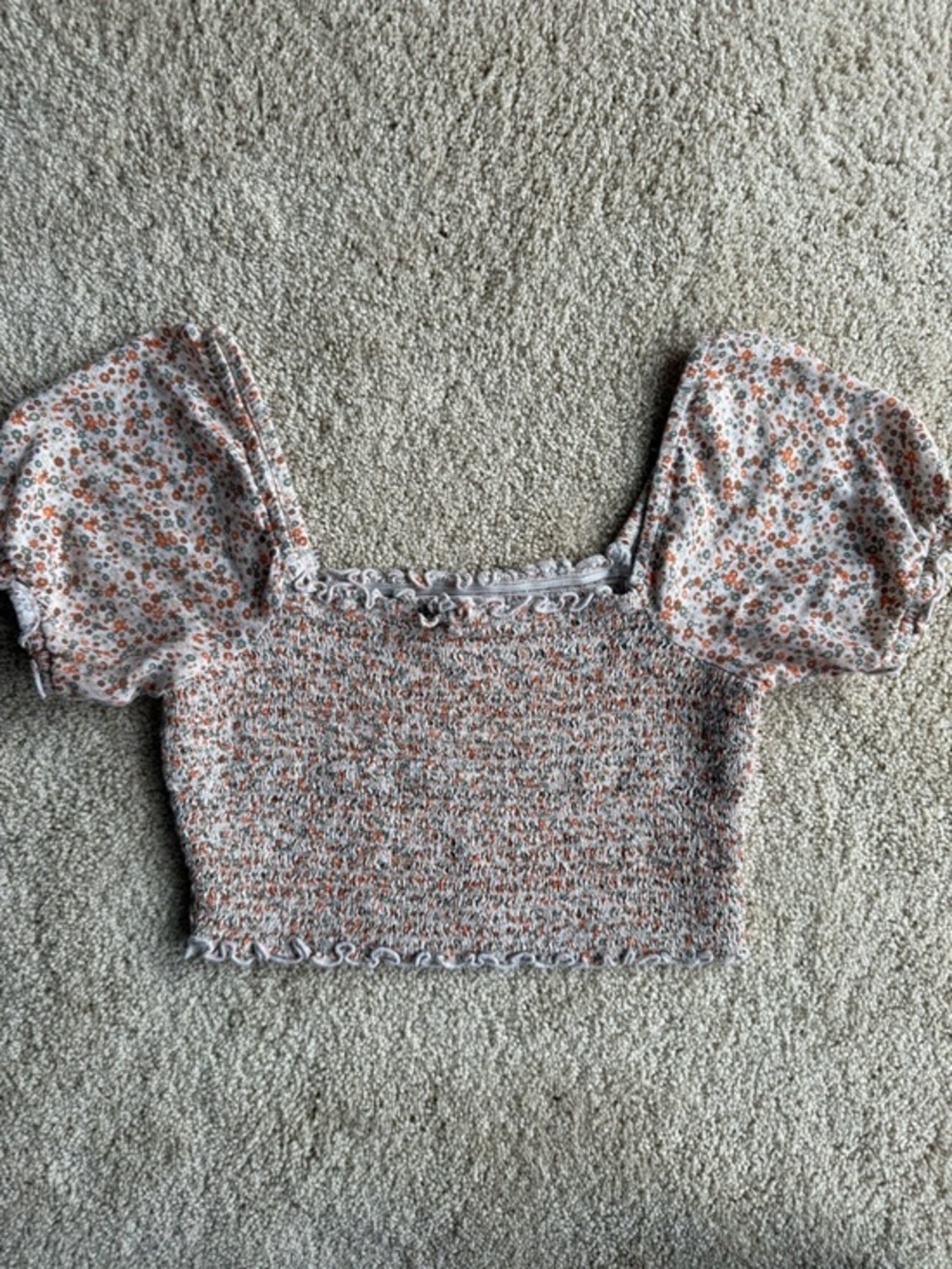 Aerie Smocked Floral Crop Top Puff Sleeve Cottagecore Square Neck Stretch XS